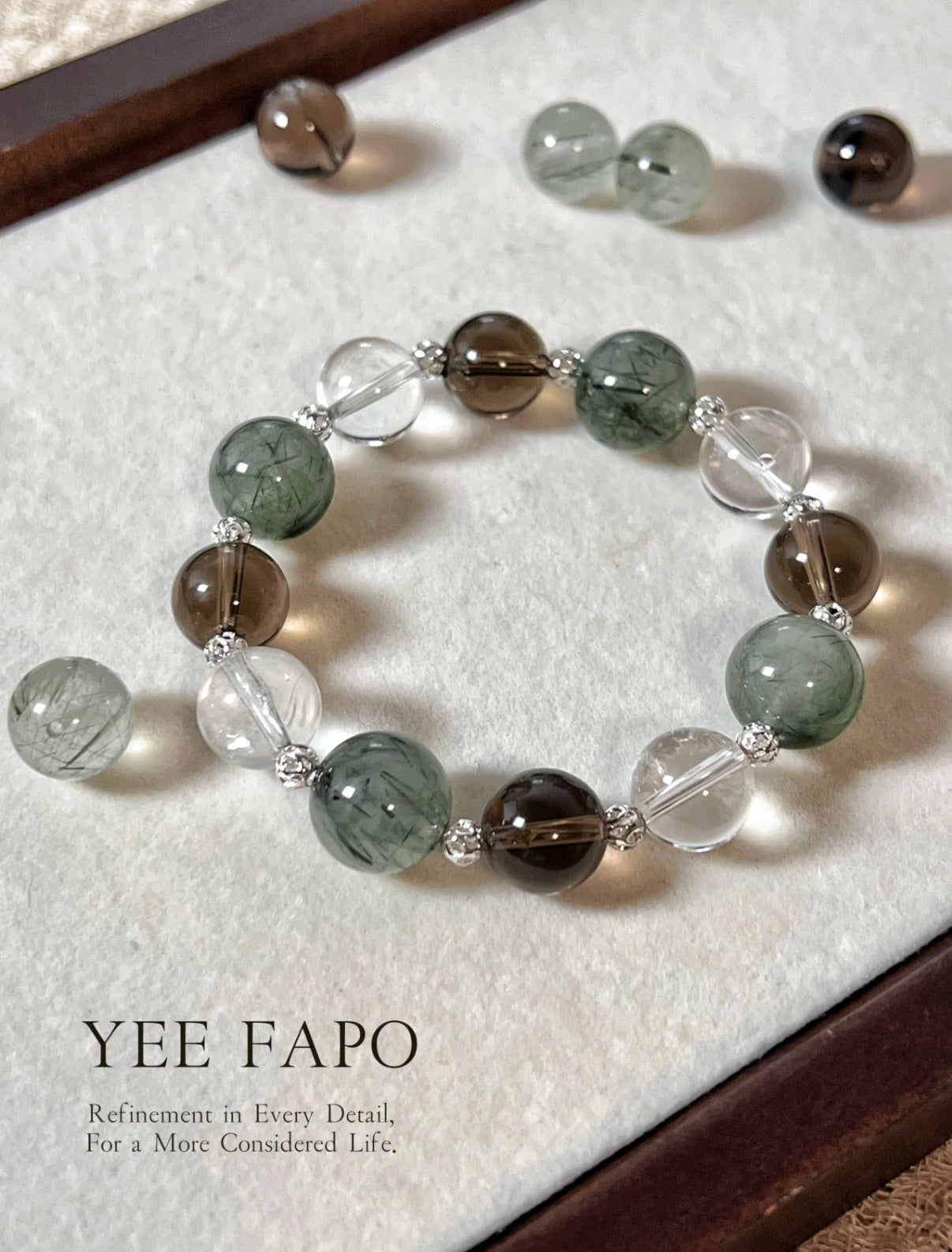 Green Rutilated Quartz, Smoky Quartz & Clear Crystal Bracelet • New Chinese Style • Gentle Retro Minimalist Luxury for Autumn & Winter