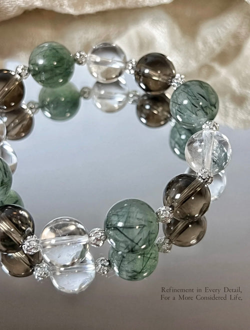 Green Rutilated Quartz, Smoky Quartz & Clear Crystal Bracelet • New Chinese Style • Gentle Retro Minimalist Luxury for Autumn & Winter