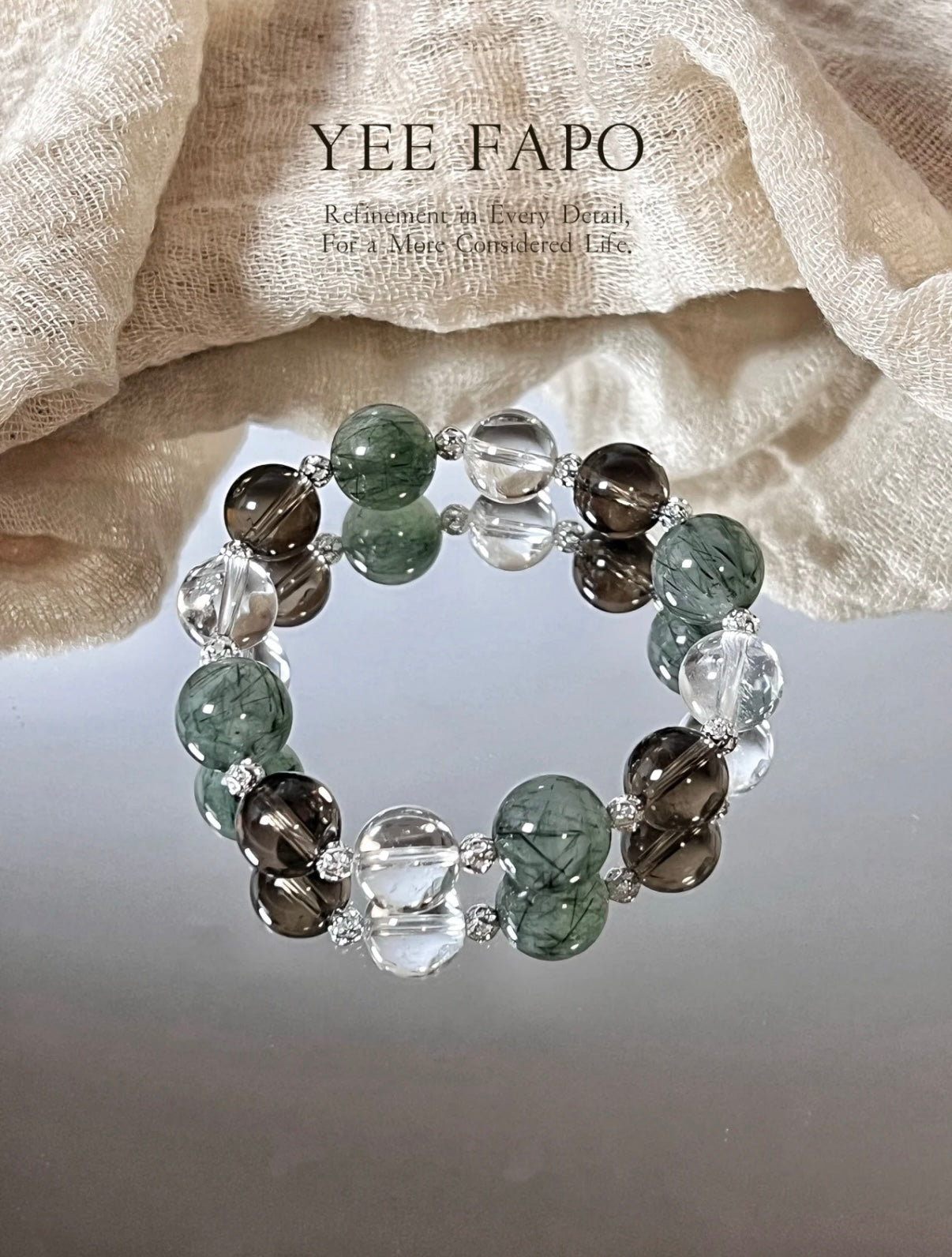 Green Rutilated Quartz, Smoky Quartz & Clear Crystal Bracelet • New Chinese Style • Gentle Retro Minimalist Luxury for Autumn & Winter