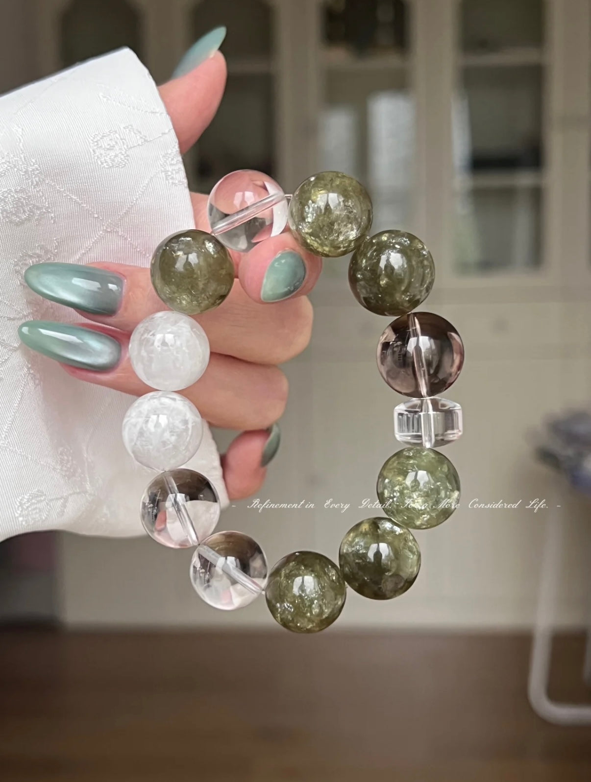 Emerald Quartz, Smoky Quartz & Snow Phantom Crystal Bracelet • Natural Forest-style Crystal Jewelry • Green Tone for Spring & Summer Layering