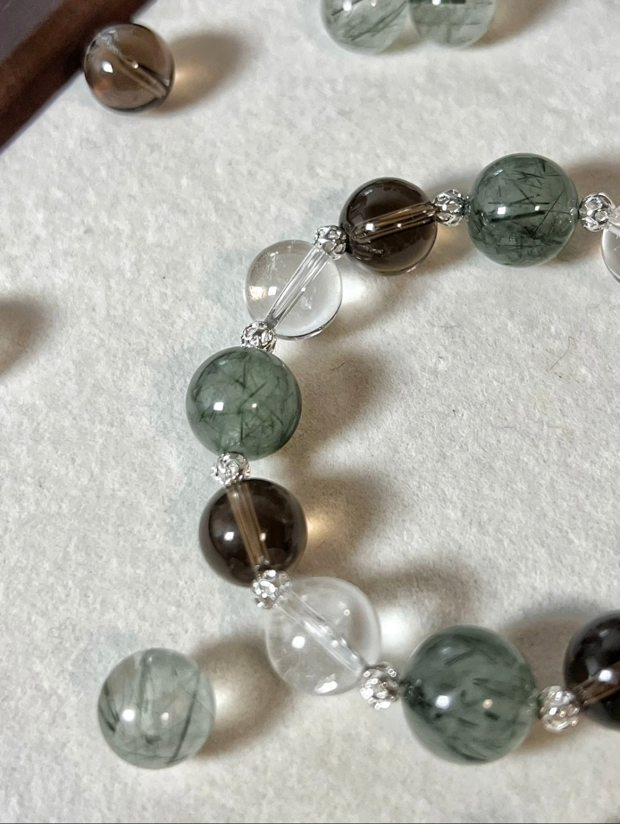 Green Rutilated Quartz, Smoky Quartz & Clear Crystal Bracelet • New Chinese Style • Gentle Retro Minimalist Luxury for Autumn & Winter
