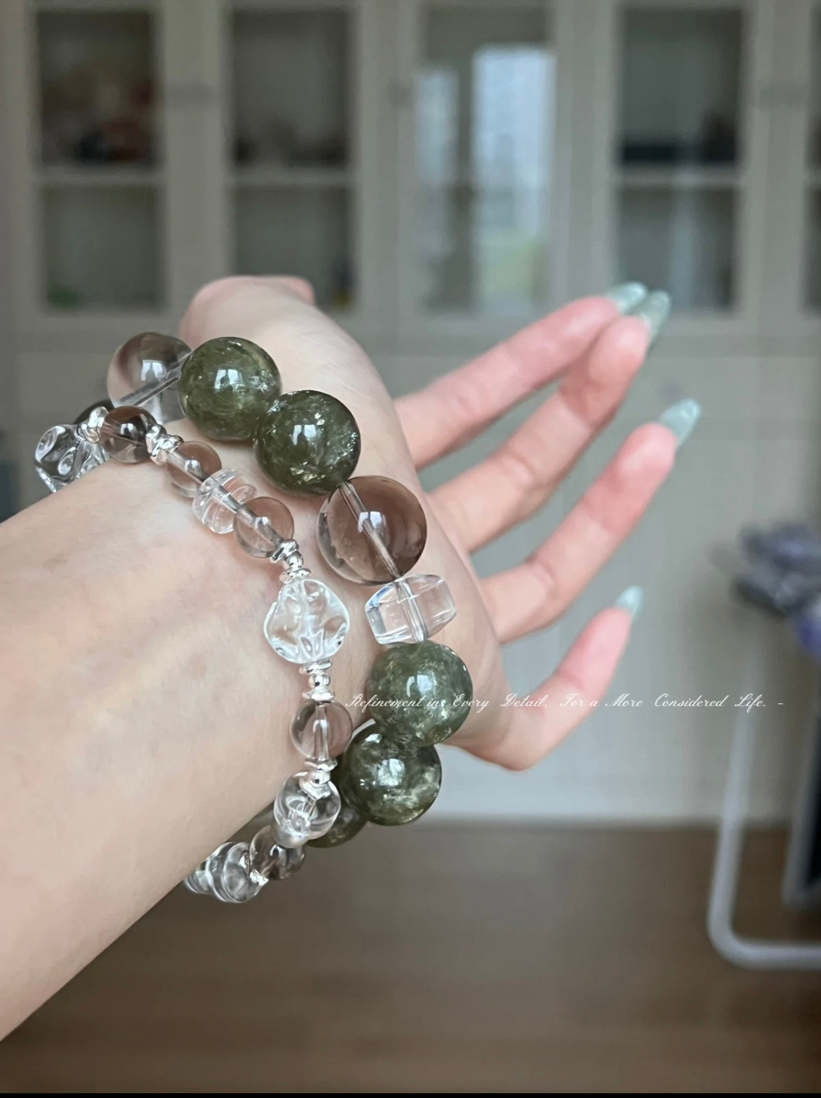 Emerald Quartz, Smoky Quartz & Snow Phantom Crystal Bracelet • Natural Forest-style Crystal Jewelry • Green Tone for Spring & Summer Layering